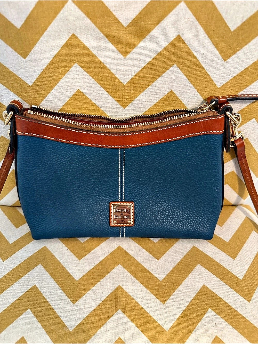 Dooney & Bourke Pebble Leather Zip Crossbody Bag in Blue & Brown